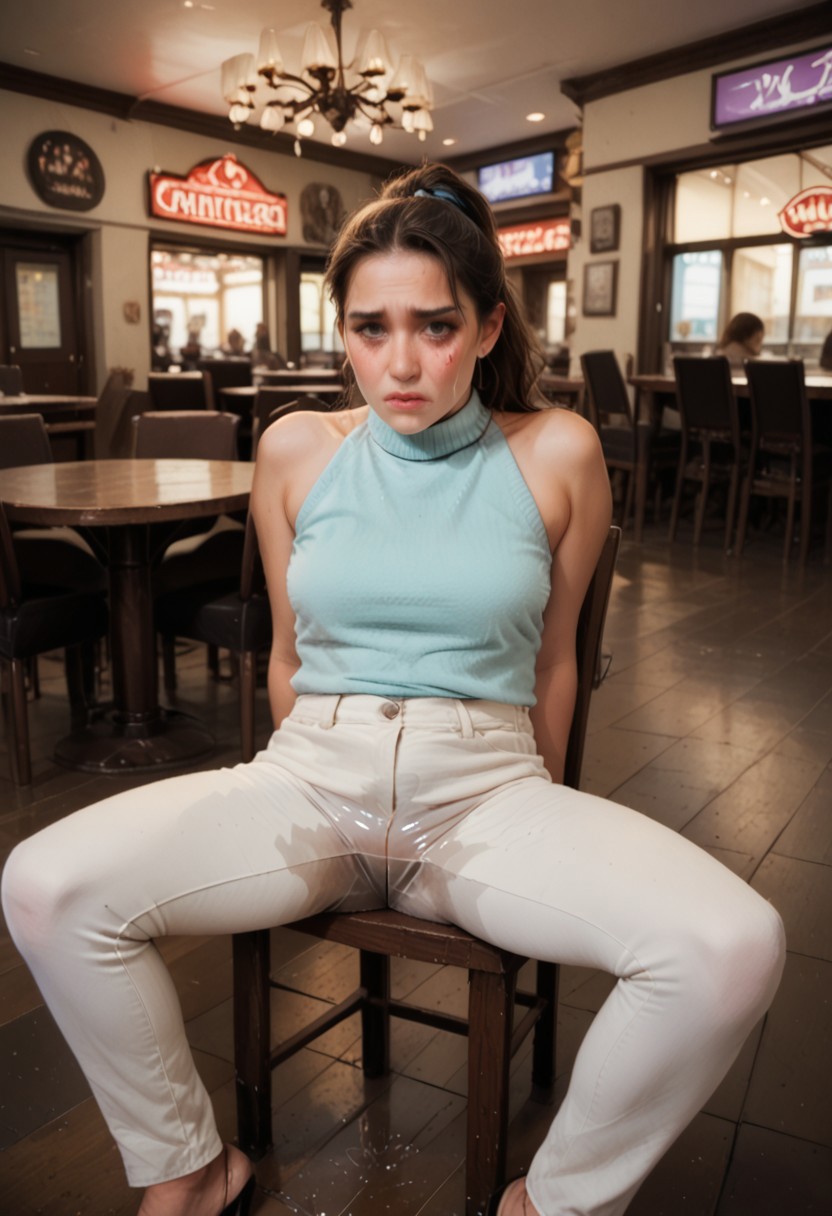 score_9, score_8_up, score_7_up, BREAK,
female,
White Jeans, sleeveless sweater, sideboob,
Short, strong legs, perky, looking at you, lewd, blushing, 
Restaurant, 
sitting, chair, spread legs, visible crotch,
Shivering, shaking, quivering, 
Panicked crying, can't hold it in,
Wetting her pants, wetting herself, pee, wetting, big pee stain, (clear pee), (watery pee), omo wet pants,
