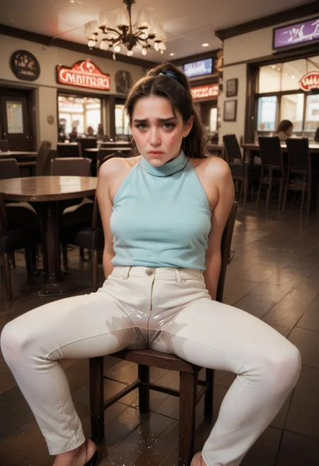 score_9, score_8_up, score_7_up, BREAK,
female,
White Jeans, sleeveless sweater, sideboob,
Short, strong legs, perky, looking at you, lewd, blushing, 
Restaurant, 
sitting, chair, spread legs, visible crotch,
Shivering, shaking, quivering, 
Panicked crying, can't hold it in,
Wetting her pants, wetting herself, pee, wetting, big pee stain, (clear pee), (watery pee), omo wet pants,