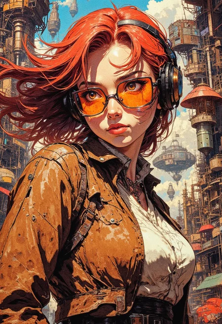 (soft bloom)
(A highly detailed) vibrant portrait. aviator girl in steampunk style, red hair fluttering in the wind. leather jacket and big glasses with orange glasses, vintage headphones on her head. The background is an industrial steampunk city with factory pipes, vintage antennas and airships. The colors are warm and rich, the style is semi-realistic with soft strokes