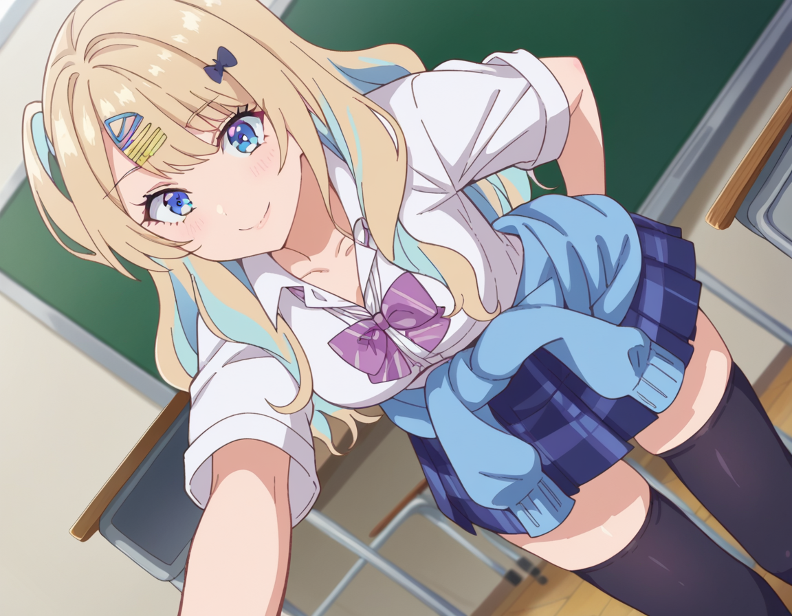 score_9, score_8_up, score_7_up, source_anime,
lunashirakawa, <lora:luna-shirakawa-s1-ponyxl-lora-nochekaiser:1>,
luna shirakawa, long hair, blue eyes, blonde hair, hair ornament, bow, multicolored hair, hairclip,
skirt, shirt, thighhighs, bow, school uniform, white shirt, pleated skirt, shoes, black thighhighs, bowtie, blue skirt, plaid, plaid skirt, loafers, purple bow, clothes around waist, gyaru, purple bowtie,
indoors, classroom, bent over, smile,
looking at viewer, dutch angle, cowboy shot,