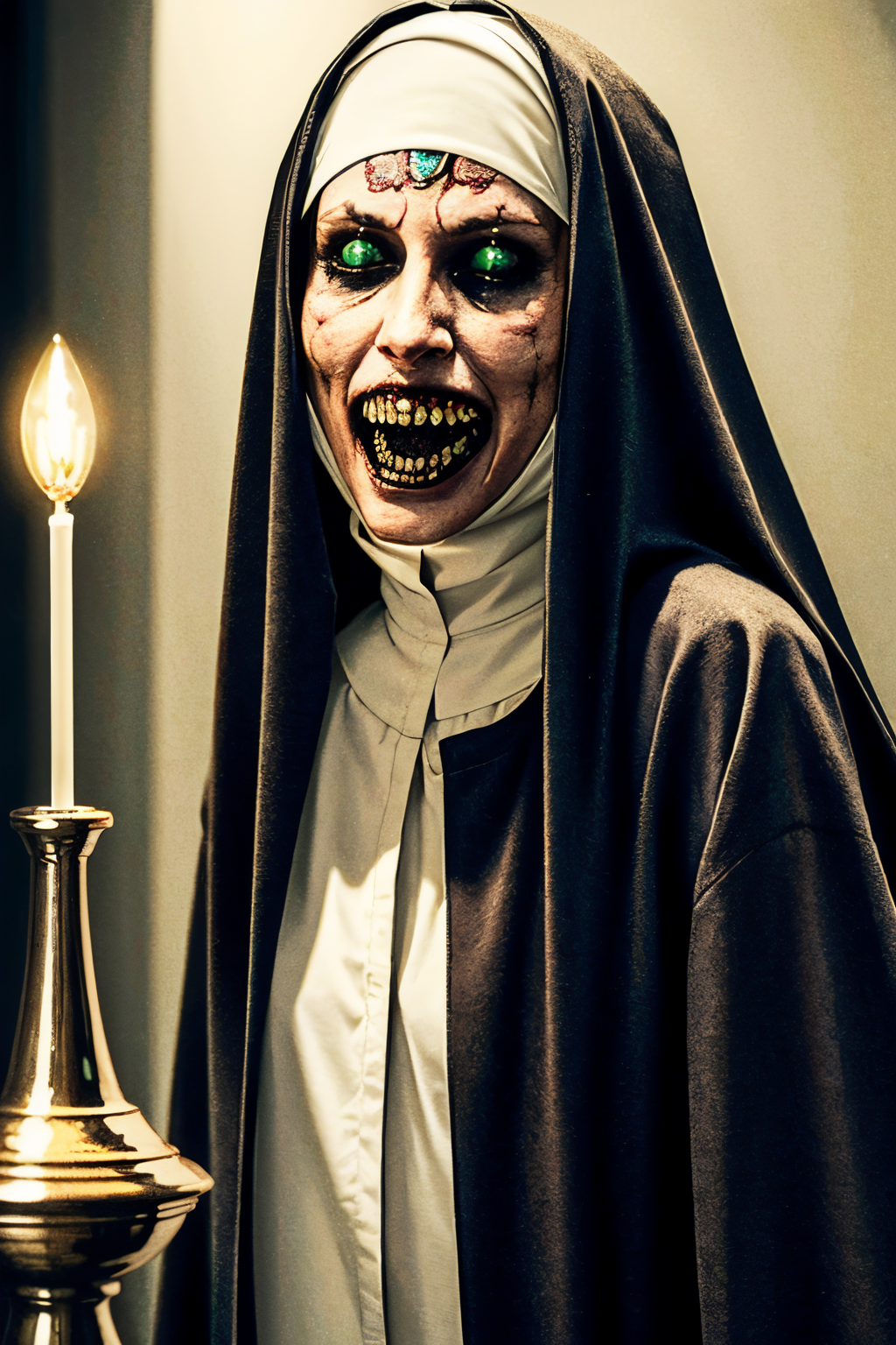 (Realistic:1.5) (masterpiece) (full body portrait)) horror brown hair, vase, blood, nun, blunt bangs, green eyes, nun, sharp teeth, upper body, colored skin, undead, closed mouth, colored sclera, facing viewer, light bulb, nose,   <lora:EdobHorror_v1.0:0.8>