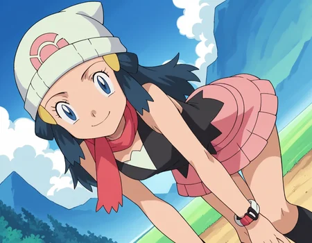 score_9, score_8_up, score_7_up, source_anime, pokemondawn, <lora:pokemon-dawn-anime-ponyxl-lora-nochekaiser:1>, pokemon dawn, black hair, blue eyes, sidelocks, long hair,, bare shoulders, beanie, black shirt, black socks, bracelet, hat, jewelry, kneehighs, miniskirt, pink skirt, red scarf, scarf, shirt, skirt, sleeveless, sleeveless shirt, white headwear,, landscape, bent over, smile, looking at viewer, solo, cowboy shot, dutch angle
