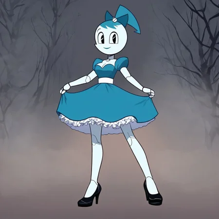 (Masterpiece, best quality:1.2), score_9, score_8_up, flat color, flat shading, soft shading, lighting, Jenny Wakeman as an adult, (((in a 1950's full length formal dark blue dress, a white belt, a fluffy frilly ruffled full white petticoat, and black high heels))), dress, layered petticoat, frilly petticoat, fluffy petticoat, full petticoat, detailed petticoat, wide skirt, detailed outfit, flowing skirt, (((long skirt))), (((solid dark blue colored dress, black high heels))), blue hair, series accurate, cute, best high quality, high res, robot, humanoid robot, (((big breasts, cleavage))), whole body shot, 1girl, (((solo, outside, in a dark creepy forest, at night, heavy fog surrounding her, fog, heavy fog, evilly and sinisterly looking at you, low angle))), cute, evil, evil smile, evil eyes, low angle shot, cartoon, cartoon style, vector, solo, circle dress, 1950s, dance dress jenny, jenny wakeman, 1girl, solo, robot joints, black eyes, white skin, ponytail, hair bow, blue rose chest corsage, poofy dress, blue hair, flat lighting,