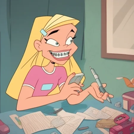 score_8, score_9, sharon, long hair, blonde hair, hairclip, braces
