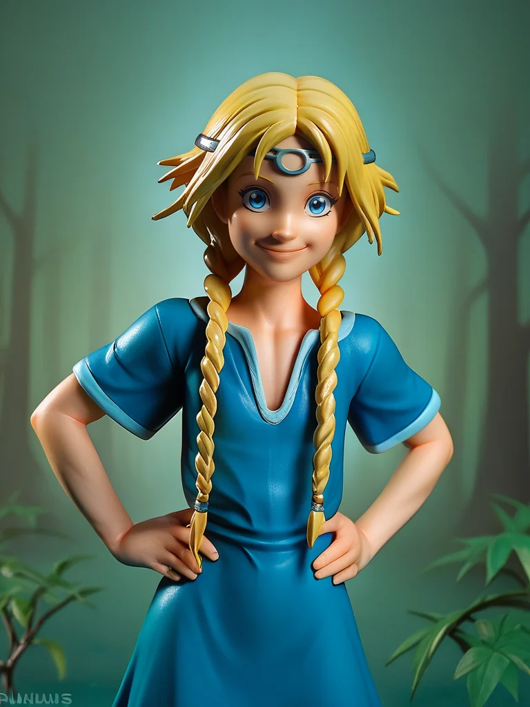 score_9, score_8_up, score_7_up, 1girl, looking at viewer, cowboy shot, dynamic pose, cute, solo, dutch angle, forest, vegetation, smile, :D, detailed background, hand on hips, shy pose, flat chest,
<lora:WitchElyonBrown_character:0.8>, ElyonBrown, twin braids, blonde hair, long hair, blue eyes, dress, blue tunic, cartoon, metal rings in hair, circlet,<lora:Anime_Figure_P1:1> figure,,