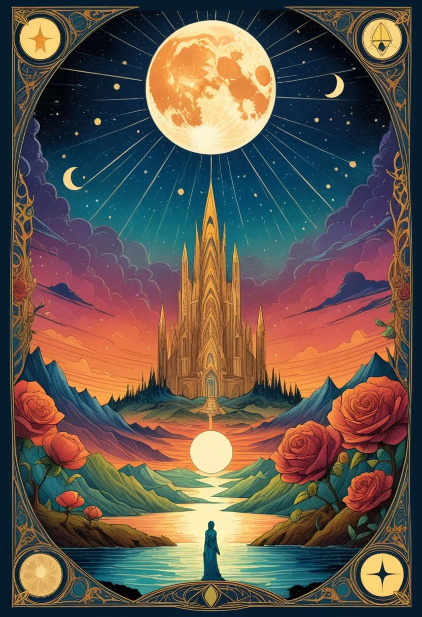 Tarot card wit art deco style frame, an ink drawing, a digital painting of The Sun, a bright white crescent moon with sad face over a clear dark blue sky, crescent moon with sad face, decorative rose flowers || best quality, double exposure, vintage triadic colors, realistic artstyle, stylized urban fantasy artwork, stunning digital illustration, stylized urban fantasy artwork, beautiful digital illustration, mysterious and detailed image, in the style of Craola, Dan Mumford, Andy Kehoe, 2d, flat, vintage, cracked paper art, patchwork, detailed storybook illustration, cinematic, ultra highly detailed, mystical, luminism, vibrant colors, complex background, tarot card, comic book, on parchment, best quality, double exposure, vintage triadic colors, (tarot card:1.2), realistic artstyle, stylized urban fantasy artwork, stunning digital illustration, stylized urban fantasy artwork, beautiful digital illustration, mysterious and detailed image, in the style of Craola, Dan Mumford, Andy Kehoe, 3d, detailed storybook illustration, cinematic, ultra highly detailed, mystical, luminism, vibrant colors, complex background,tarot card,comic book, OverallDetailXL