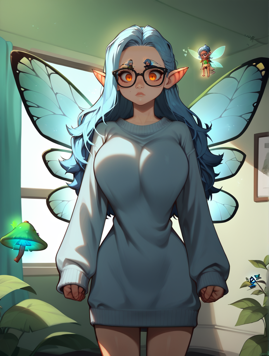 score_9, rating_explicit, cowboy shot, dutch angle, <lora:Expressive_H:.5>, Expressiveh, glasses, fairy, minigirl, (size difference), long hair, light blue hair, orange eyes, freckles, fairy wings, transparent wings, large breasts, , (flying), in the air, oversized plants, giant mushrooms, oversized clothes, oversized sweater, long sleeves, sleeves past wrists
, inside, on an airplane, <lora:GlossLine_Style:1>