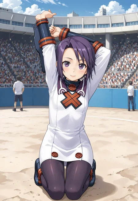 <lora:Hyper-SDXL-8steps-lora:1> <lora:Fixhands_anime_bdsqlsz_V1:1> zPDXL2, score_9, score_8_up, score_7_up, masterpiece, best quality, absurdres, high resolution, 8k, official art, official style, source_anime, uncensored, anime screencap, anime coloring, megami magazine, (ai-generated:0.6), 
1girl, sn2-toris, purple hair, short hair, purple eyes, white dress, sn2-toris outfit, purple pantyhose, gauntlets, black boots, 
kneeling,  stretching, arm up, barefoot, arms behind head, Curious, Chin tilted up slightly, eyes wide open, and a slight smile., outdoors, city, audience, crowd, solo, solo focus, 
<lora:SN2-toris_XL(pony)v11:1>