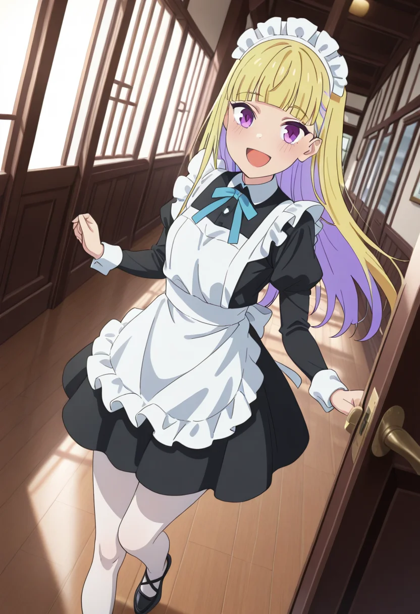 masterpiece,best quality,absurdres,perfect lighting,indoors,flower,vase,wooden floor,door,hallway,
*//*,<lora:HealerGirl_ReimiItsushiro-Illustrious:1>,reimi_itsushiro,1girl,solo,blonde hair,long hair,colored inner hair,purple eyes,blunt bangs,maid,maid headdress,maid apron,white pantyhose,black footwear,
*//*,looking at viewer,cowboy shot,dutch angle,dynamic pose,open mouth,:d,