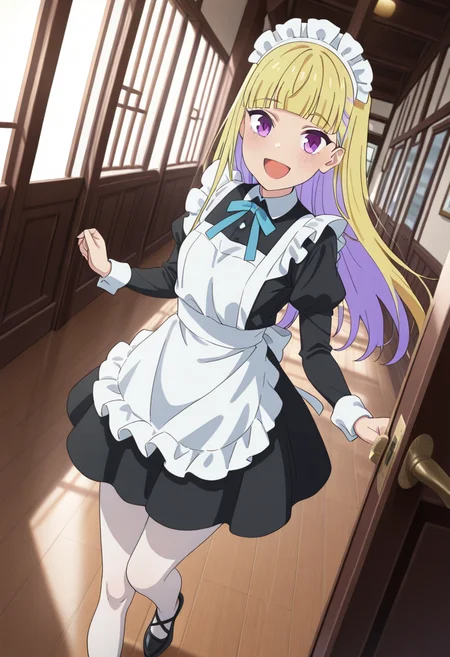 masterpiece,best quality,absurdres,perfect lighting,indoors,flower,vase,wooden floor,door,hallway,
*//*,<lora:HealerGirl_ReimiItsushiro-Illustrious:1>,reimi_itsushiro,1girl,solo,blonde hair,long hair,colored inner hair,purple eyes,blunt bangs,maid,maid headdress,maid apron,white pantyhose,black footwear,
*//*,looking at viewer,cowboy shot,dutch angle,dynamic pose,open mouth,:d,