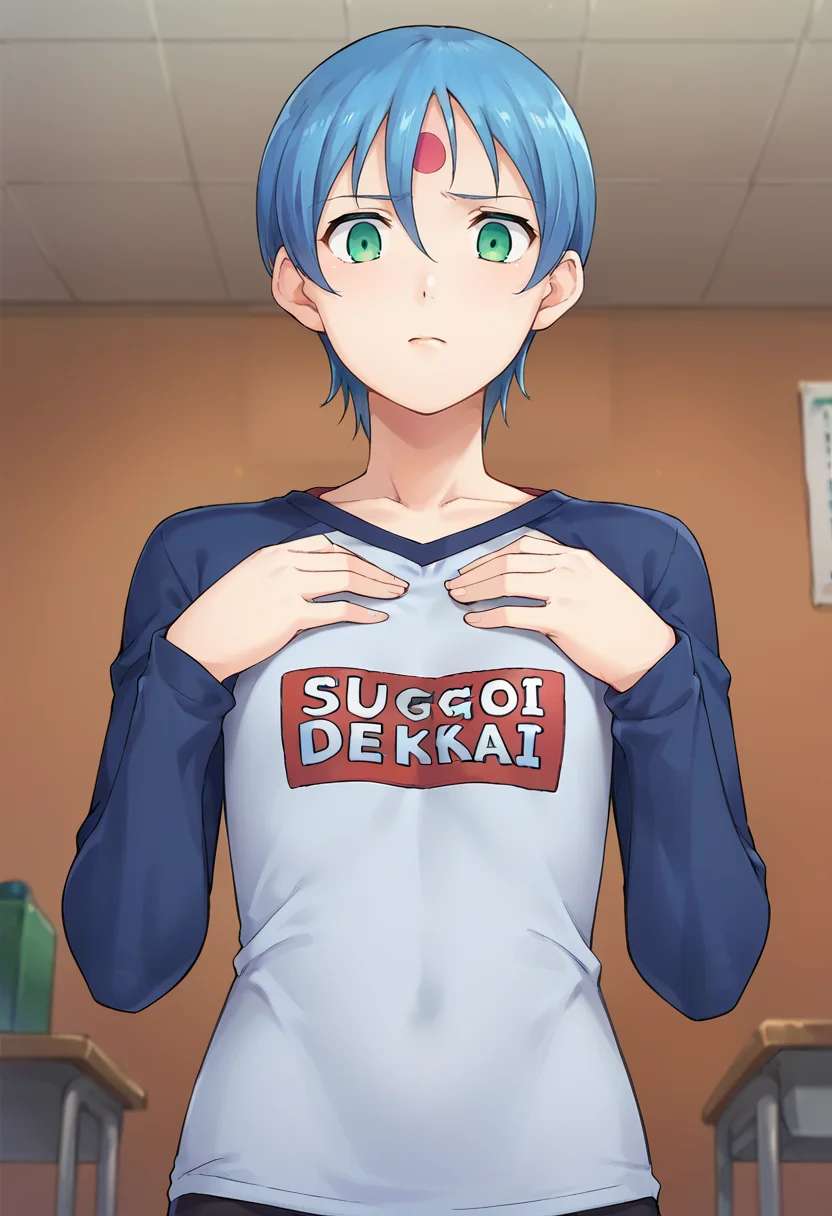 score_9,score_8_up,score_7_up,anime coloring,source_anime,<lora:Rease_Zoids:0.8>,ryss,1girl,solo,blue hair,short hair,green eyes,forehead mark,flat chest,despair,disappointed,hands on own chest,<lora:sugoi-dekai-ponyxl-lora-nochekaiser:1>,sugoi dekai,clothes writing,raglan sleeves,t-shirt,indoors,room,looking down,upper_body,