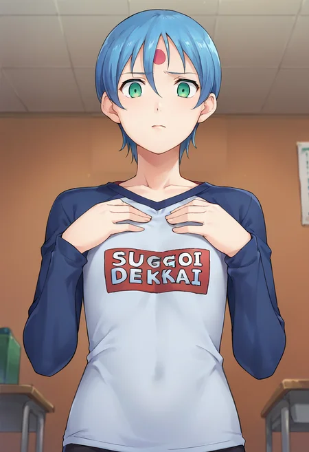score_9,score_8_up,score_7_up,anime coloring,source_anime,<lora:Rease_Zoids:0.8>,ryss,1girl,solo,blue hair,short hair,green eyes,forehead mark,flat chest,despair,disappointed,hands on own chest,<lora:sugoi-dekai-ponyxl-lora-nochekaiser:1>,sugoi dekai,clothes writing,raglan sleeves,t-shirt,indoors,room,looking down,upper_body,