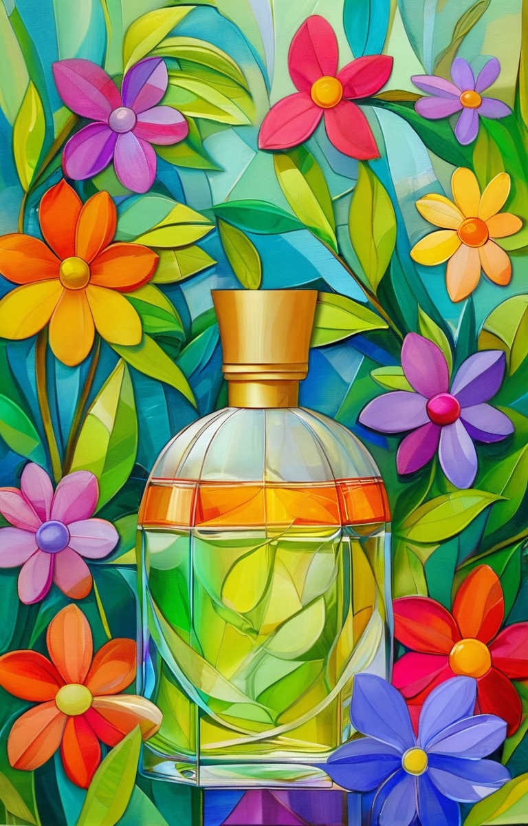 masterpiece,best quality,<lora:tbh203-sdxl:0.9>,illustration,style of Wlad Safronow A bottle of perfume in garden