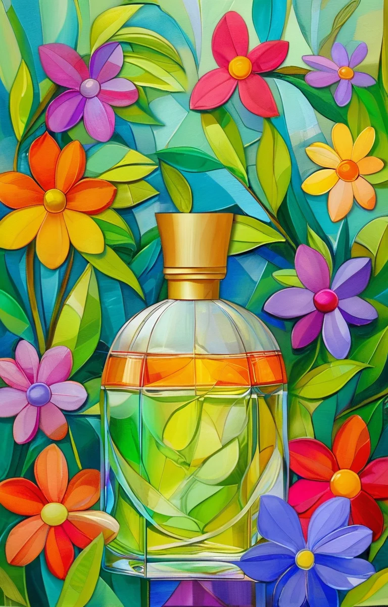 masterpiece,best quality,<lora:tbh203-sdxl:0.9>,illustration,style of Wlad Safronow A bottle of perfume in garden