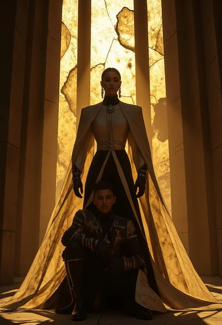 Medieval cinematic masterpiece—shot on grainy 35mm film—featuring a dominant queen standing over a kneeling knight in a crumbling cathedral. Golden light bleeds through shattered stained glass, casting warm, flickering stripes across the scene. Dust particles float lazily in the air, catching the light like fireflies