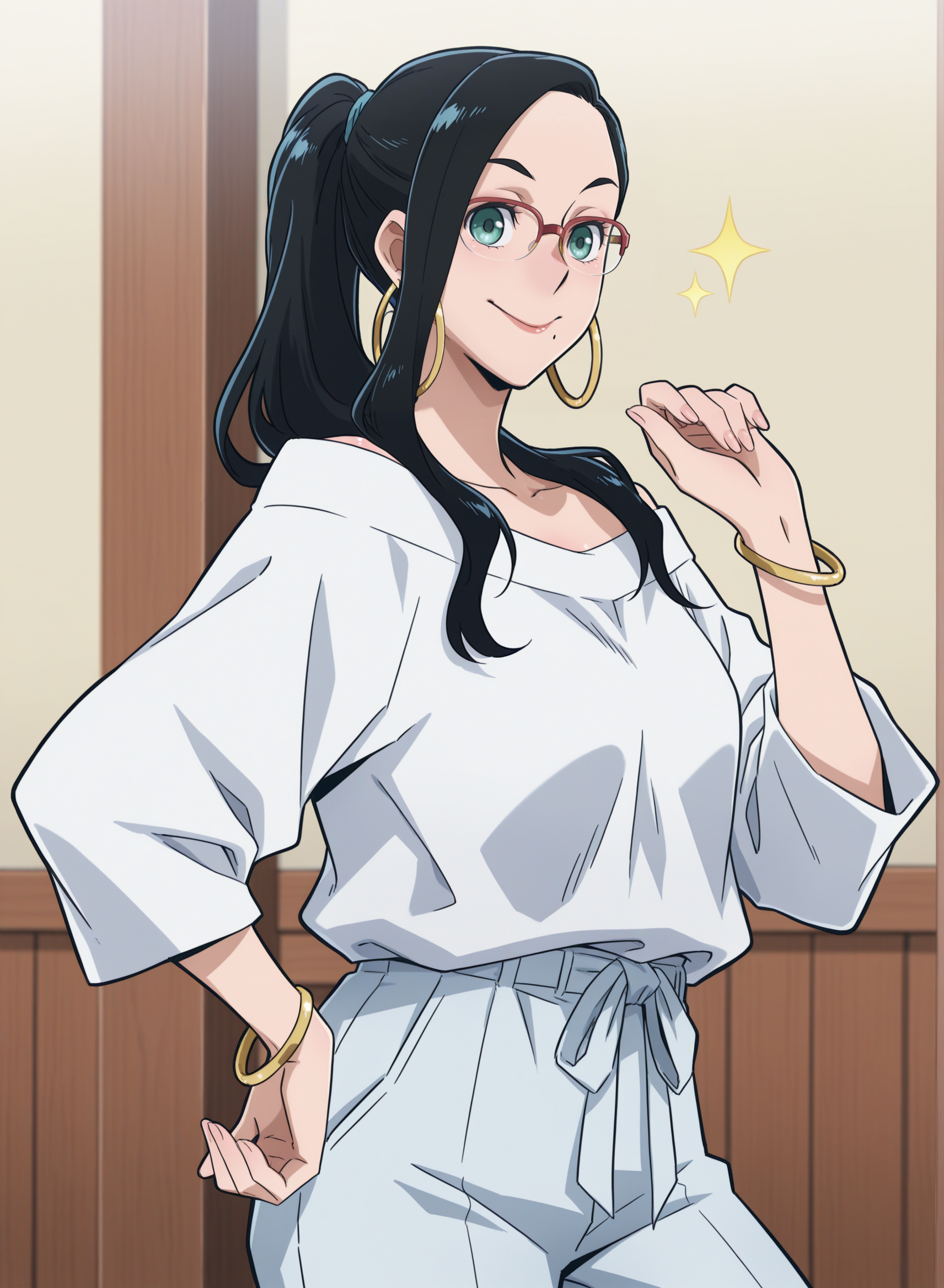 <lora:add-detail-xl:1.3>earrings, solo, MakotoTsukauchi, mole under mouth, sexy, ponytail, glasses,  bracelet, pants, long hair, jewelry, hoop earrings, smile  <lora:Makoto_Tsukauchi:1>