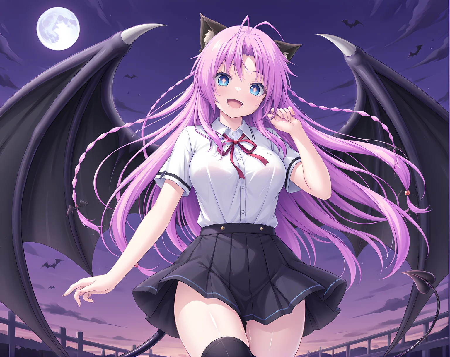 liliem,demon tail,demon wings,medium breasts,solo,flying,evening,moon,sky,school uniform,:D,<lora:Tenbin_no_La_DEA_Character_Pack_1:0.7>,cowboy shot,outdoors,, masterpiece, best quality, amazing quality, very aesthetic, absurdres, newest, detailed eyes,ultra-detailed,8K,illustration,vivid,CG,photographic hair,beautiful face,shiny hair,shiny skin,ultra-detailed-eyes,