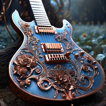 RAW photo of a very detailed guitar with whimsical elements, magical fairytale landscape, fantasy style art, dusty blue theme, intricate details, ultra sharp, exquisite detail, flawless composition, vivid colors, masterpiece, exciting background,  timeless elegant and Exquisite Copper Ornaments