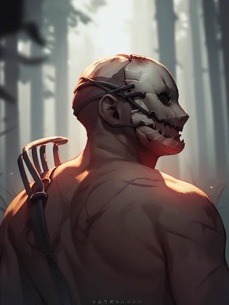 score_9, score_8_up, score_7_up, score_6_up, score_5_up, portrait of Tr@pper man, dark lighting, mask, dark forest background, <lora:Tr@pper-000004:1>