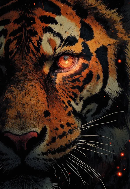 The frame is dominated by a single, piercing tiger’s eye, burning with a crimson-red glow, the only focus of the extreme close-up. Positioned on one side of the frame, the image captures just half of the tiger’s face, leaving the other lost in shadow, heightening the sense of mystery and power. The intricate mesh of white fractal lines sprawls across the iris, pulsating with an eerie luminescence, as if energy itself courses through its gaze. The fur, thick and coarse, ripples in shades of deep black and molten gold, every strand meticulously textured with an almost hyper-realistic detail. The skin surrounding the eye bears subtle scars and timeworn creases, a silent testament to battles fought and won. Light carves along the ridges of the brow, casting spectral highlights that dance across the fractal patterns, making them shimmer and shift like embers in a dying fire. The extreme close-up captures not just the raw power of the beast, but an ancient, untamed presence—primal, unrelenting, and watching.