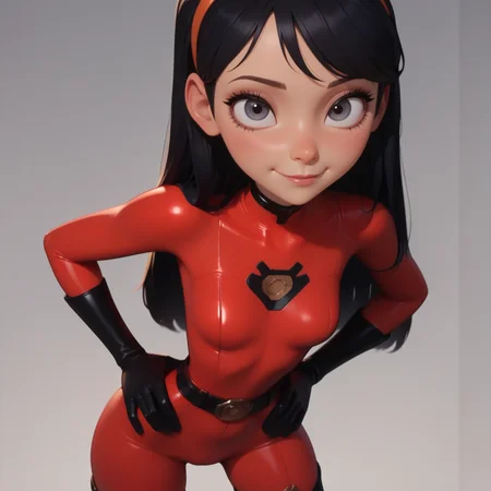 Violet parr \(the incredibles\), 1girl, solo, long hair, breasts, looking at viewer, smile, simple background, black hair, gloves, hairband, small breasts, black gloves, belt, lips, bodysuit, leaning forward, skin tight, hands on hips, latex, red bodysuit, (masterpiece),(best quality),(ultra-detailed), very aesthetic, artist:, {prompt}, masterpiece, best quality, good quality, newest, very awa, absurdres, highres,