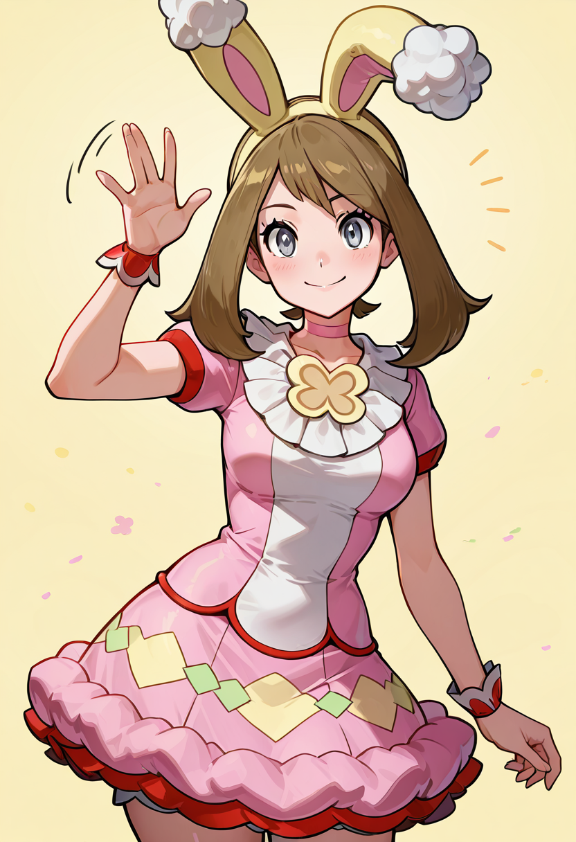 masterpiece, best quality, solo, curvy, beautiful eyes,  zzMaySpring, grey eyes, brown hair, medium hair, rabbit ears, yellow hairband, pink dress, short sleeves, pink choker, wrist cuffs, ,<lora:MaySpring2021Pokemon_IXL_v2:1.0>, one hand raised, waving, standing pose, cowboy shot, smile, shiny skin, looking at viewer,