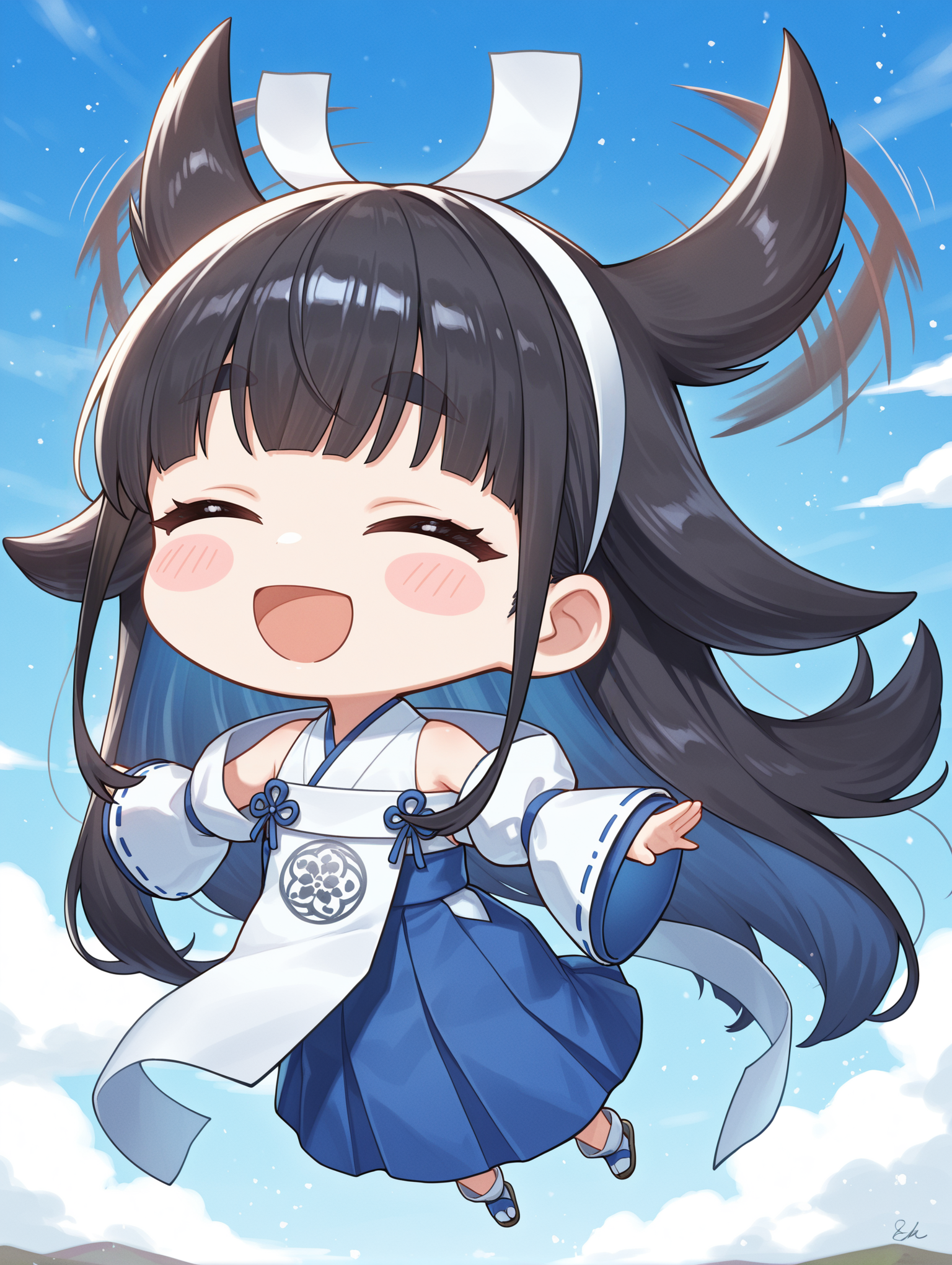 chibi, floating, shinonome the vaylantz priestess, 1girl, solo, closed eyes, smile, hair wagging, open mouth, blush stickers, cloud, blush, full body, blue sky, :d, thick eyebrows, colored inner hair, white hairband, white ribbon-trimmed sleeves, white sleeveless kimono, blue hakama skirt, white tabi, blue sandals, white breast curtain,
masterpiece,best quality,amazing quality,very aesthetic,absurdres,newest,scenery,extreme detail,8k,light particles,soft lighting,volumetric lighting,intricate details,finely detailed,detailed eyes,<lora:Shinonome the Vaylantz Priestess illusXL v1.1:0.75>,