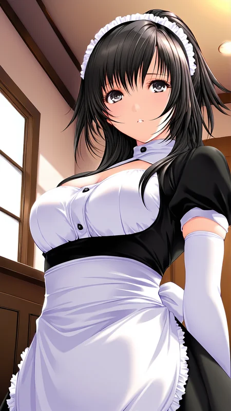 amazing quality,absurdres,best quality,masterpiece,highres,newest,detailed,detailed body,detailed face,masterpiece,best quality,solo,
otoha,1girl,solo,black hair,long hair,ponytail,elbow gloves,maid,white gloves,apron,maid headdress,<lora:otoha:0.8>,