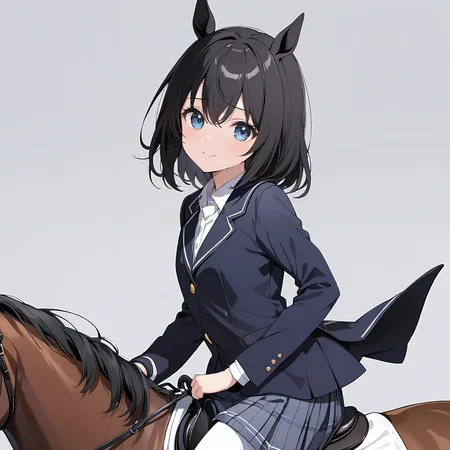 masterpiece,ultra-detailed,best quality,8K,illustration,cute face,clean skin ,shiny hair,girl,ultra-detailed-eyes,simple background, <lora:add-detail-xl:1> <lora:kisyu_XL_V1.0:0.6> kisyu, horse, riding, school uniform,skirt