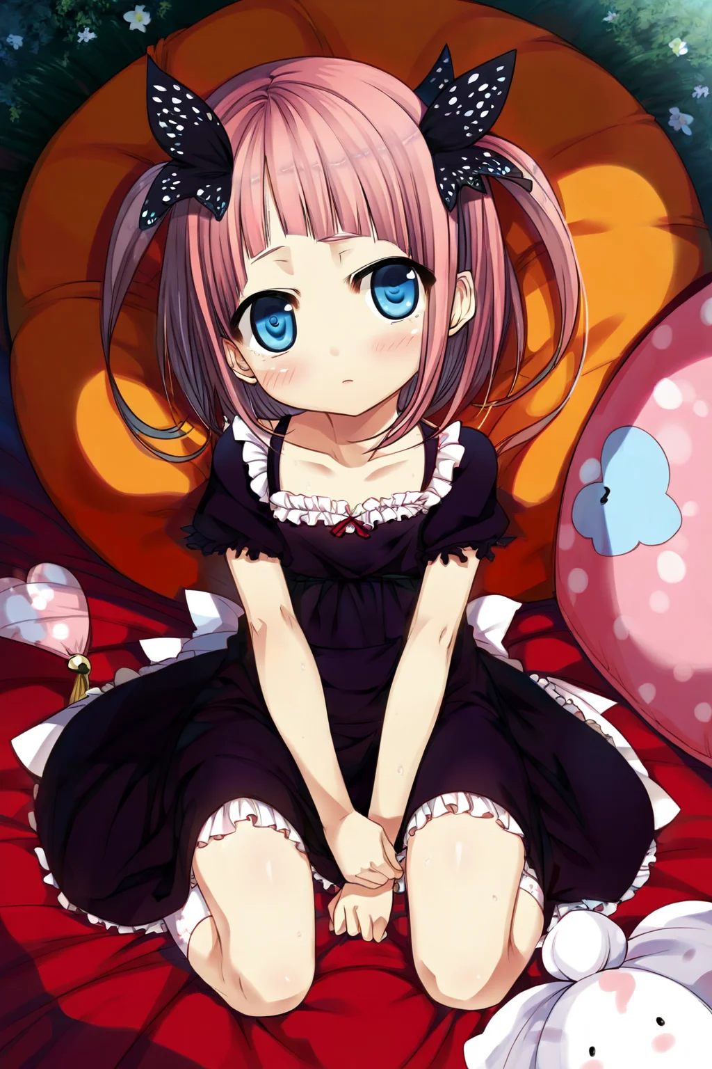score_8_up,<lora:CURA_pony_V1:1>,takijorou,solo,1girl,pink hair,hair ornament,short hair,skirt,blue eyes,two side up,blush,butterfly hair ornament,child,socks,