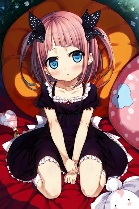 score_8_up,<lora:CURA_pony_V1:1>,takijorou,solo,1girl,pink hair,hair ornament,short hair,skirt,blue eyes,two side up,blush,butterfly hair ornament,child,socks,