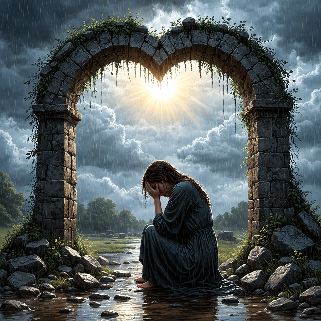 SD3.5 prompt: Fantasy illustration. In a forlorn landscape stands a lonely overgrown broken stone arch shaped like a heart. Underneath the arch sits a weeping woman, holding her head in her hands. It is raining. The scene is moody and sad, with dramatic lighting and overall gloomy and dark. A weak sun shines through the arch.
Juggernaut prompt: illustration, stone arch, heart, woman, weeping, sad, crying, head in hands, covering face, open mouth, weak sun, rain, clouds, wet, dramatic lighting, dark, tragic <lora:Hyper-SDXL-4steps-lora:1.0>