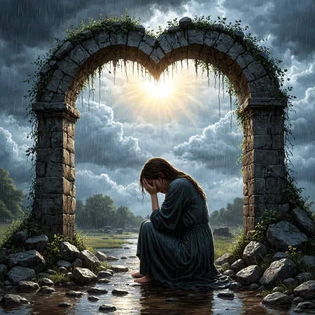SD3.5 prompt: Fantasy illustration. In a forlorn landscape stands a lonely overgrown broken stone arch shaped like a heart. Underneath the arch sits a weeping woman, holding her head in her hands. It is raining. The scene is moody and sad, with dramatic lighting and overall gloomy and dark. A weak sun shines through the arch.
Juggernaut prompt: illustration, stone arch, heart, woman, weeping, sad, crying, head in hands, covering face, open mouth, weak sun, rain, clouds, wet, dramatic lighting, dark, tragic <lora:Hyper-SDXL-4steps-lora:1.0>