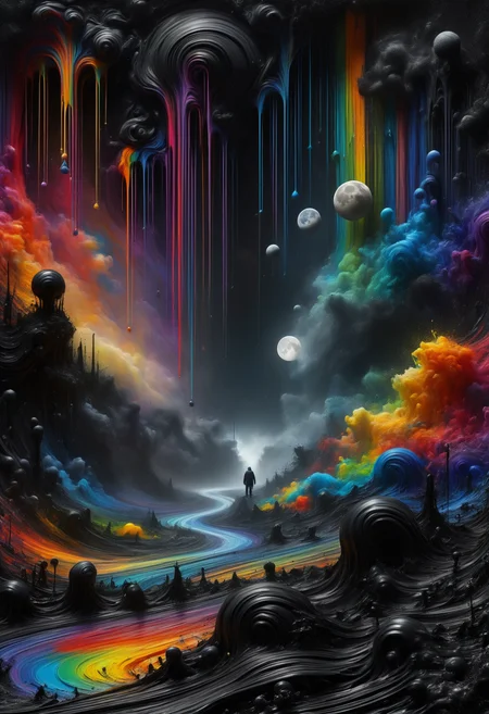 DonMP41n717Bl4ckXL  hyper detailed masterpiece, dynamic realistic digital art, awesome quality,brumous philosopher's enclave,intellectual orifice,psychedelic refuge rain,moonbow, unrealistic,energizing,discovery,low-light,space-age,unpredictable,dedicated, vibrant colours, black paint <lora:DonMP41n717Bl4ckXL-000008:1>