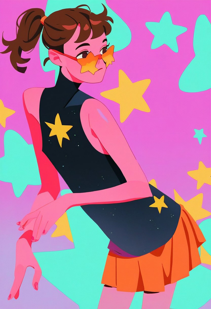 score_9, score_8_up, score_7_up, zPDXL2, detailed background, concept art, source_anime, flat chest, dark theme, low light, solo, easynegative, source_anime, simple background, pop art backgroundlineart_style, beautiful alien girl, bright pink skin, brown hair, ponytail, black shirt, purple stars on shirt, orange skirt, dark orange spats, shiny reflective shades, starry motif, pose