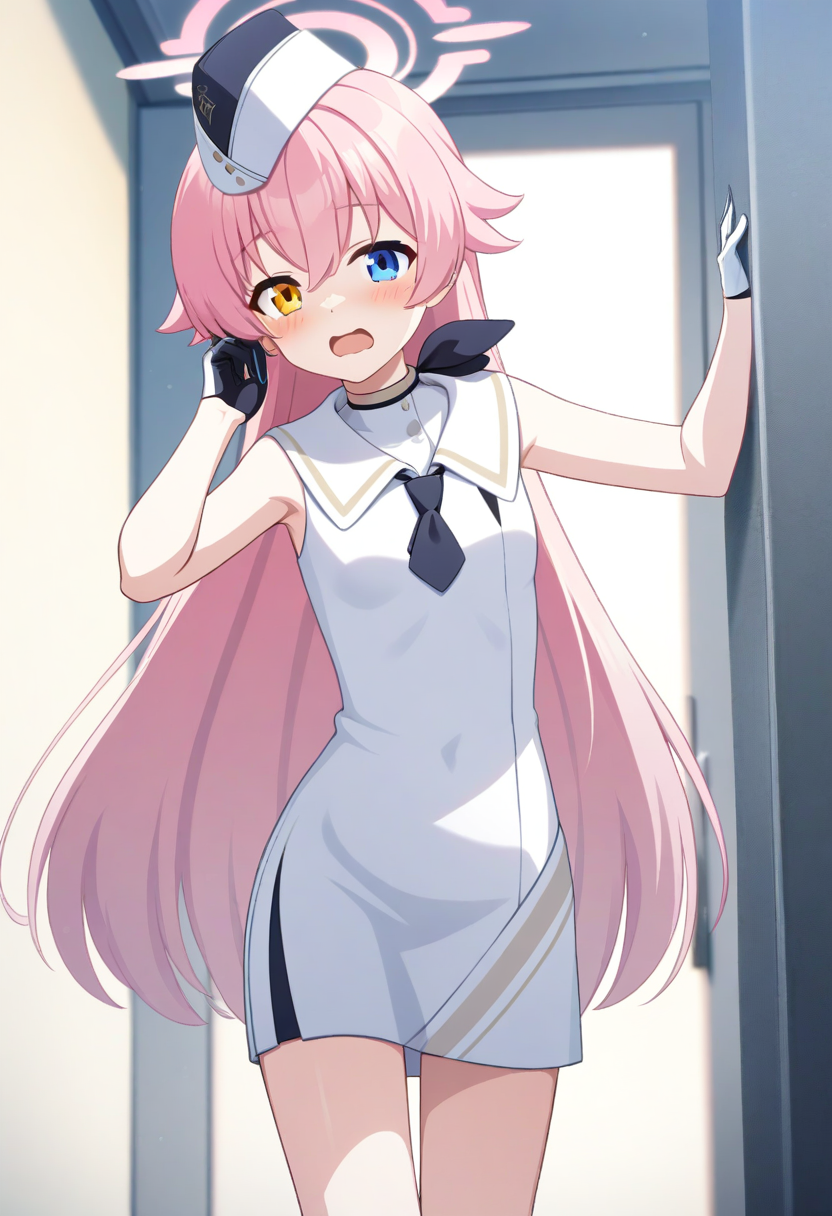 game cg, 1girl, solo, operator uniform, hoshino \(blue archive\), pink hair, long hair, heterochromia,  halo, white garrison cap,  neckerchief,  white dress,  short necktie,  sleeveless,  half gloves,  white short boots, <lora:utnapishtim_operator_ag3.1:0.8>