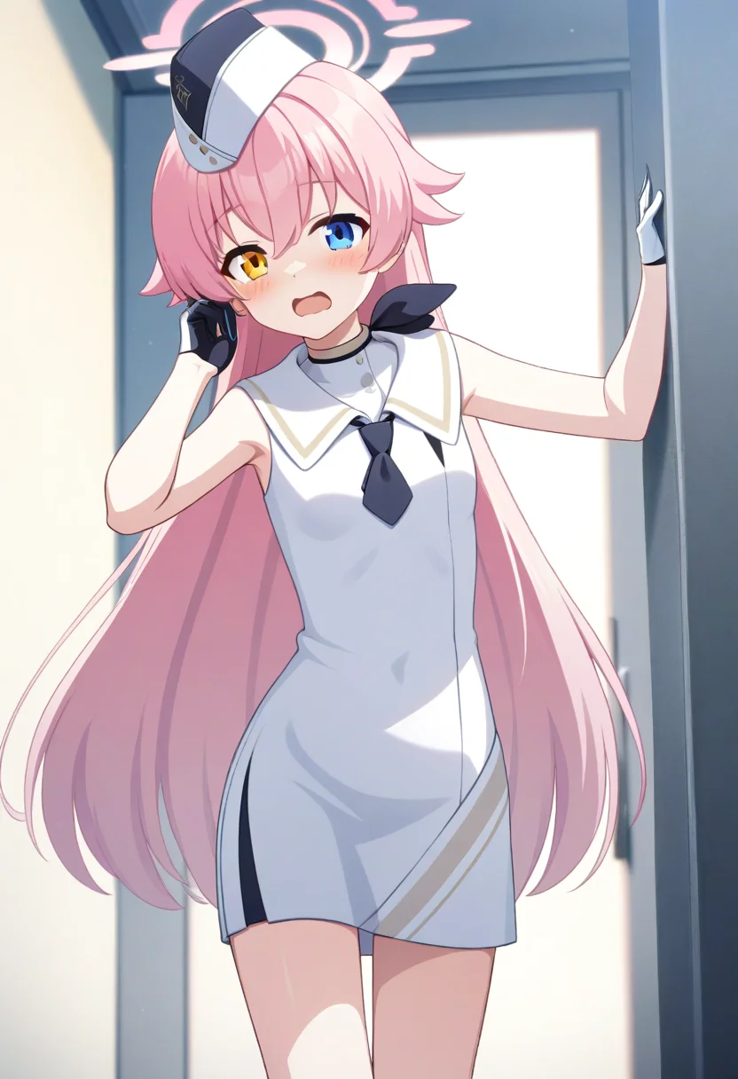 game cg, 1girl, solo, operator uniform, hoshino \(blue archive\), pink hair, long hair, heterochromia, halo, white garrison cap, neckerchief, white dress, short necktie, sleeveless, half gloves, white short boots, <lora:utnapishtim_operator_ag3.1:0.8>