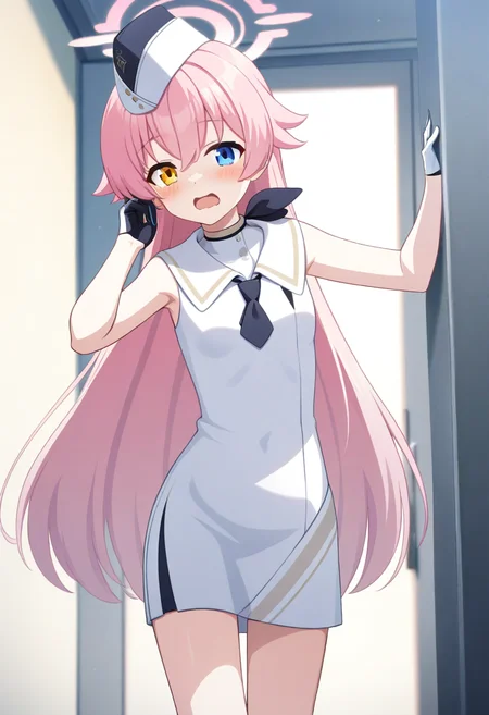 game cg, 1girl, solo, operator uniform, hoshino \(blue archive\), pink hair, long hair, heterochromia, halo, white garrison cap, neckerchief, white dress, short necktie, sleeveless, half gloves, white short boots, <lora:utnapishtim_operator_ag3.1:0.8>