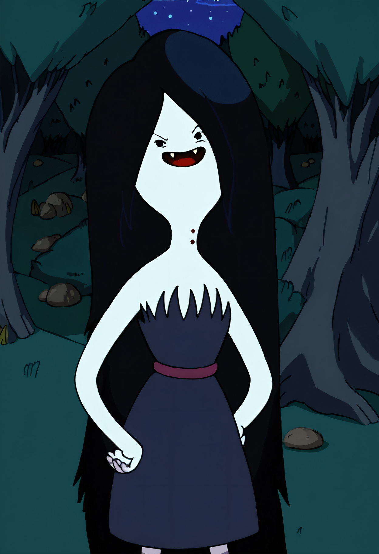 marceline, 1girl, fangs, long hair, black hair, dress, striped shirt, very long hair, , solo, black eyes, bite mark, solid circle eyes, open mouth, smile, tree, grey skin, forest, vampire,outdoors, night, night sky,  <lora:MarcelinePony1.1:1>, score_9, score_8_up, score_7_up, score_6_up, score_5_up, score_4_up, looking at viewer, cowboy shot,tree, forest,