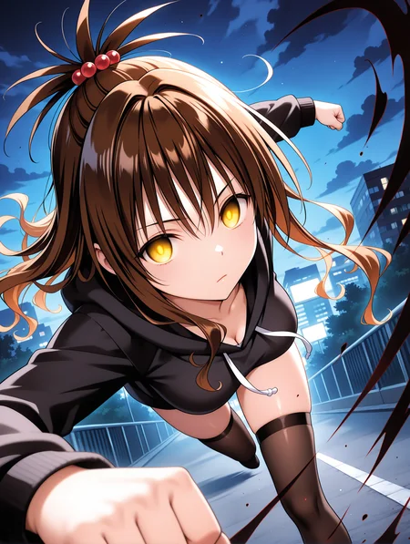 masterpiece,best quality,newest,
1girl,solo,medium breasts,
<lora:y_mikan_ilxl_v1.8:1>,y_mikan,brown hair,long hair,yellow eyes,hair ornament,hair bobbles,long_sleeves,black hoodie,black_thighhighs,
<lora:Fixhands_anime_bdsqlsz_V1:1>,dynamic_angle,cinematic_angle,glowing eyes,fighting_stance,fighting,night,park,darkness,(motion_blur:1.3),(motion line:1.2),(speed_lines:1.1),fighting_stance,aura effect,dark cloud,leaning_forward,running,pov,looking_at_viewer,front view,bent over,looking ahead,kicking,expressionless,glow eyes,empty eyes,