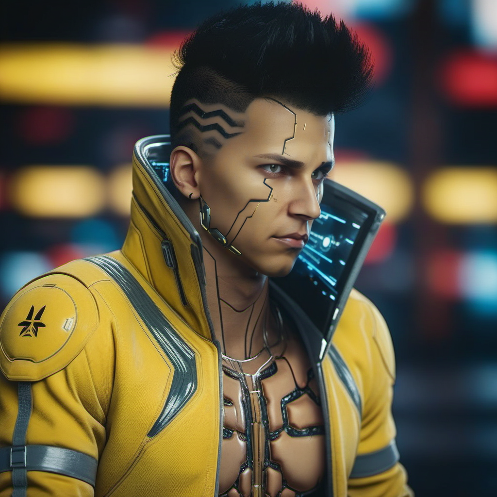 DavidMartinez1024, a cyborg man, yellow jacket, cyberpunk background, highly detailed, photography, ultra sharp, film, bokeh, professional, 64k  <lora:DavidMartinez1024:0.8>