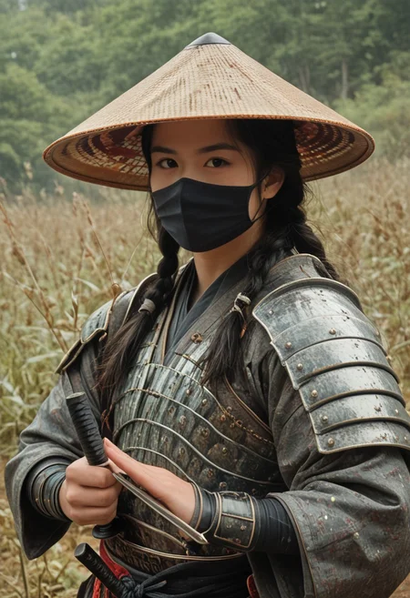 score_9, score_8_up, score_7_up, strawhat, conical hat, 1boy, a heavily armored samurai with shoulder armor and a straw hat, holding a giant katana sword in both hands, ready to fight, asian, long hair, low braid, roninwarriors, samurai facemask, (monolid:1.3), ArsMovieStill, movie still from a 60s psychedelic movie