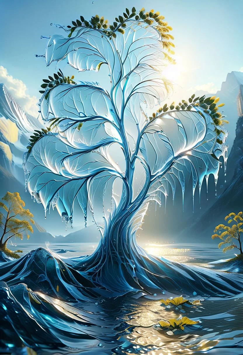 UHD, masterpiece, high quality, extremely details, intricate details, sharp focus, realistic, OverallDetailXL, sss
a tree made of water ,ais-wvs, strong wind, leaves dancing in the air, lake surrounded by mountains,sun sunlight, sunray