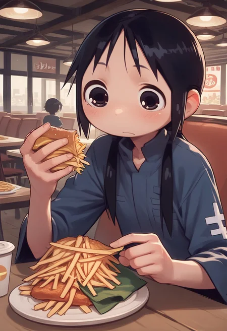 score_9, score_8_up, score_7_up, source_anime, BREAK, 1girl, Chito_glt, holding french fries, restaurant background