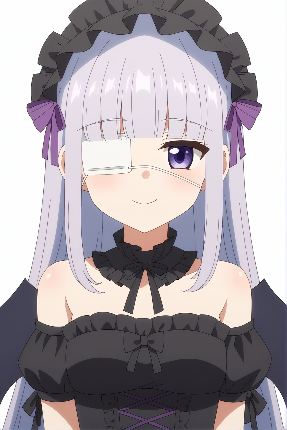 <lora:Lilishka:0.7>, Lilishka, gothic fashion, medical eyepatch, white background, upper body, smile