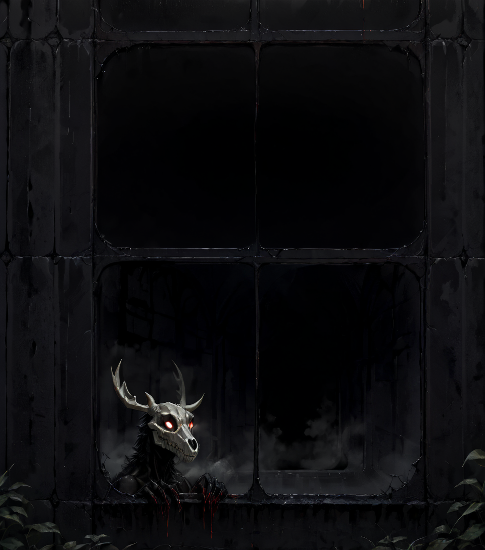 score_9, score_8_up, score_7_up, score_6_up, source_monster, BREAK, ((((outside of window)))),  glass, (outside glass), closed window, three quarter view, looking in, close up, window fog, (closed mouth), blood, (scratched window), claw mark on window, ((((darkness)))),(pitch black), night time, ((obscured by darkness)), glowing eyes in darkness, barely visible, hidden, hiding, blackest black, black background, (w3ndigo), (glowing eyes),  skull face, antlers,  sharp teeth, black skin,<lora:Wendigo for PonyXL:0.6>, <lora:SDXL_Black_Sa_May:2>