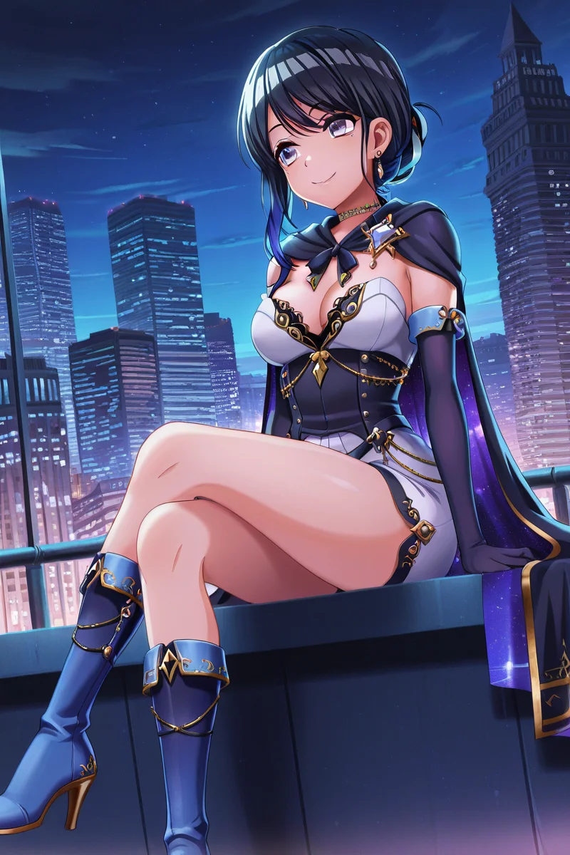 masterpiece, best quality, amazing quality,
<lora:Toka_IL:1> toka, 1girl, breasts, solo, gloves, cleavage, cape, sitting, jewelry, earrings, smile, black hair, medium breasts, building, night, high heels, bangs, city, boots, purple eyes, elbow gloves, blue footwear, bow, blue hair, crossed legs, blue eyes, ravesk