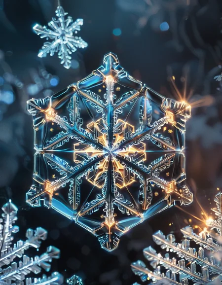 (high quality), (masterpiece), (detailed),8K, An award-winning glowing snowflake, encased in a perfectly transparent glass bubble, floats delicately within a surreal winter setting. Its intricate, symmetrical crystalline patterns radiate a mesmerizing, golden luminosity, blending warm hues of amber, peach, and soft rose that glow softly through the glass. The bubble is adorned with delicate frost patterns along its edges, reflecting and refracting the snowflake’s warm light, casting a magical aura on its surroundings. Encased within, the snowflake sparkles with fine detail, as if suspended in time, evoking feelings of joy, serenity, and wonder, captivating all who witness this breathtaking masterpiece, glowneon, geometric, GlowingInk
