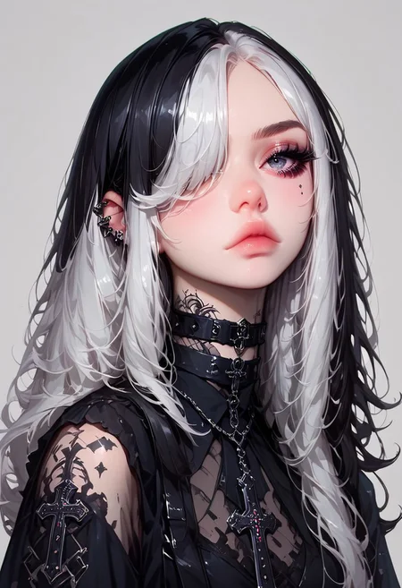 score_9,score_8_up,score_7_up,score_6_up,score_5_up, 1girl, (ultra HD quality details), gothic_style, gothic girl, goth girl, solo,long hair,looking at viewer,simple background,black hair, jewelry,white hair,multicolored hair,choker,black eyes,grey background,necklace,(hair over one eye),two-tone hair,cross,portrait,,
