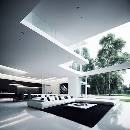 <lyco:Modern_interior_design_Sa_May:1.0> Modern design, modern villa interior view, white wall, analog film, super detail